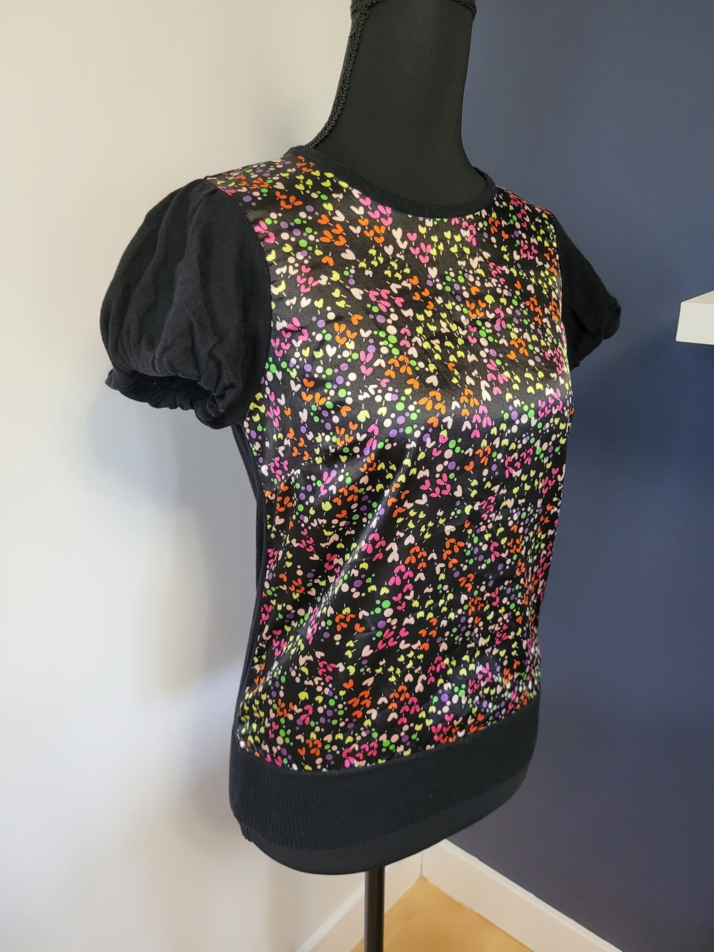 Ted Baker Sophiey Floral Print Mixed Media Puff Sleeve Bow Back Top - Sz 1 (S)